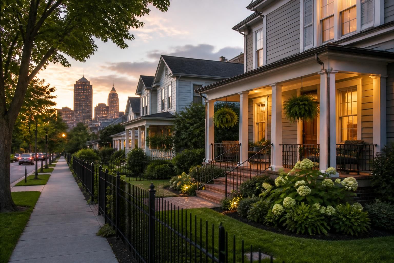 Tasteful Apex residential street in soft evening light.