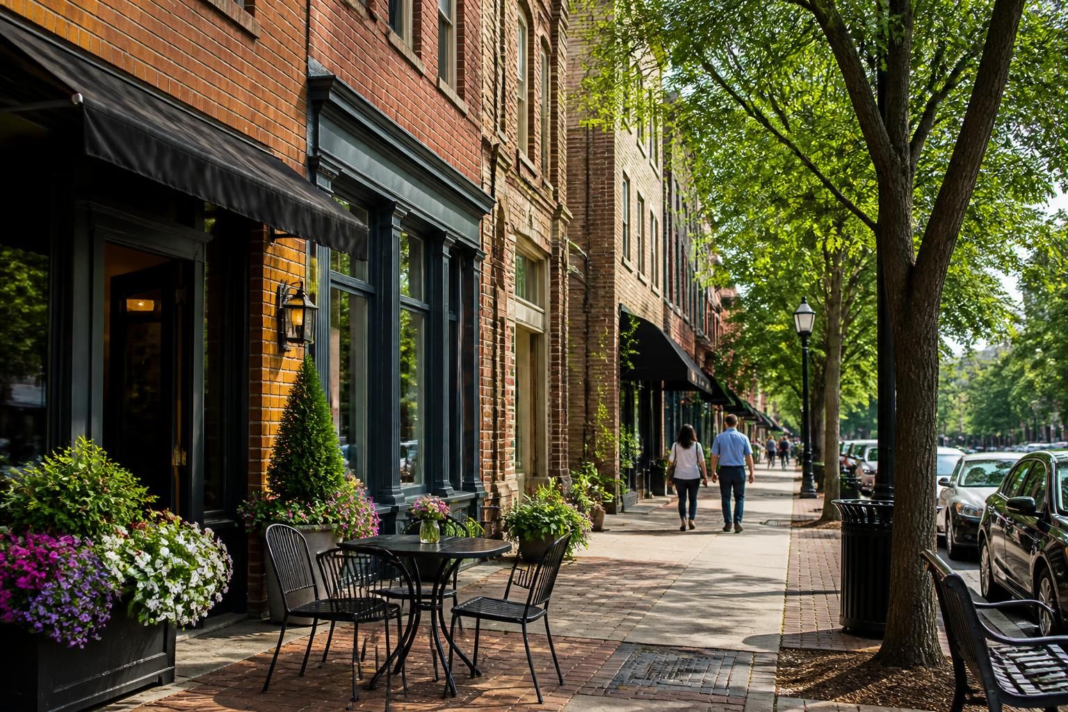 Durham commercial district with brick buildings and street trees.
