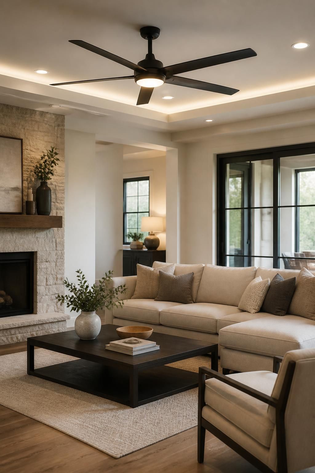 Modern living room with recessed lighting and a finished ceiling fan.
