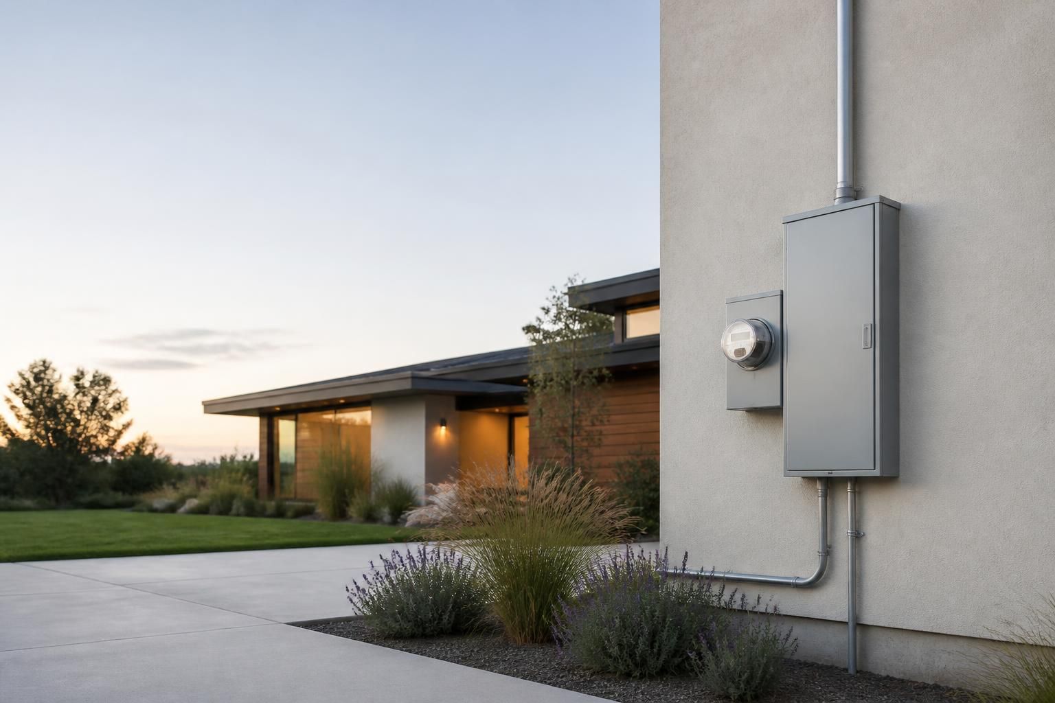 Clean home exterior with modern lighting and open space for text.
