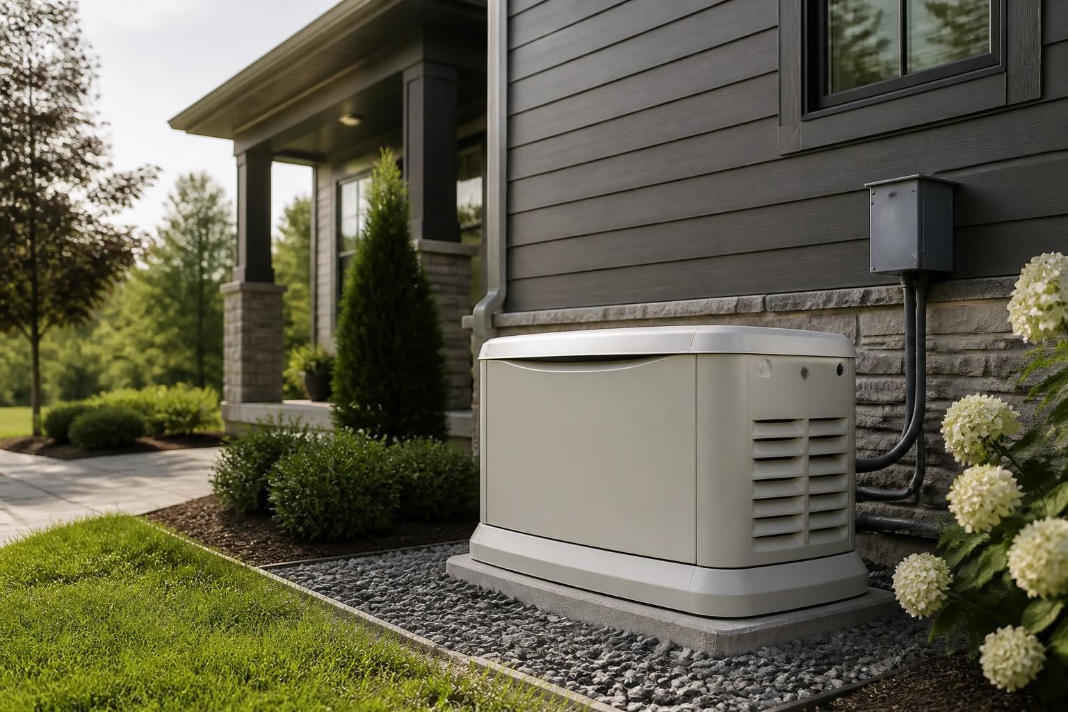 Generator installation beside a well-kept home exterior.
