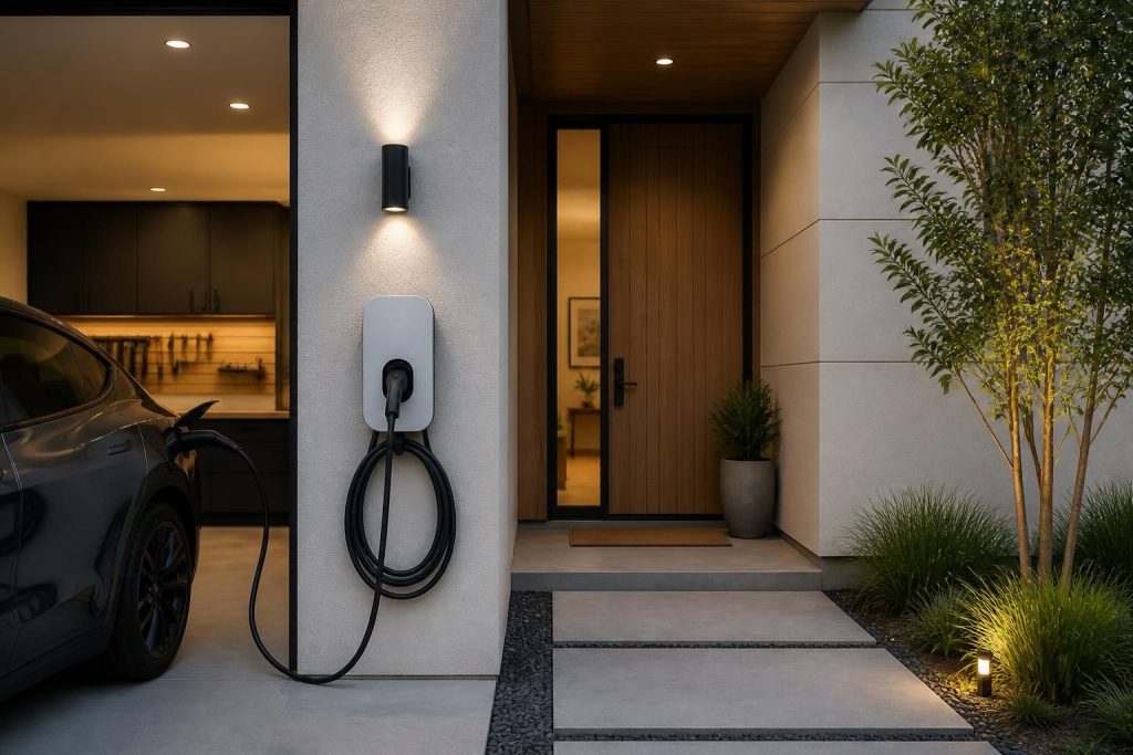 Modern home exterior with a newly installed EV charger and warm lighting.
