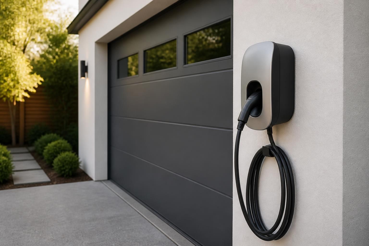 Wall-mounted EV charger beside a clean residential garage.