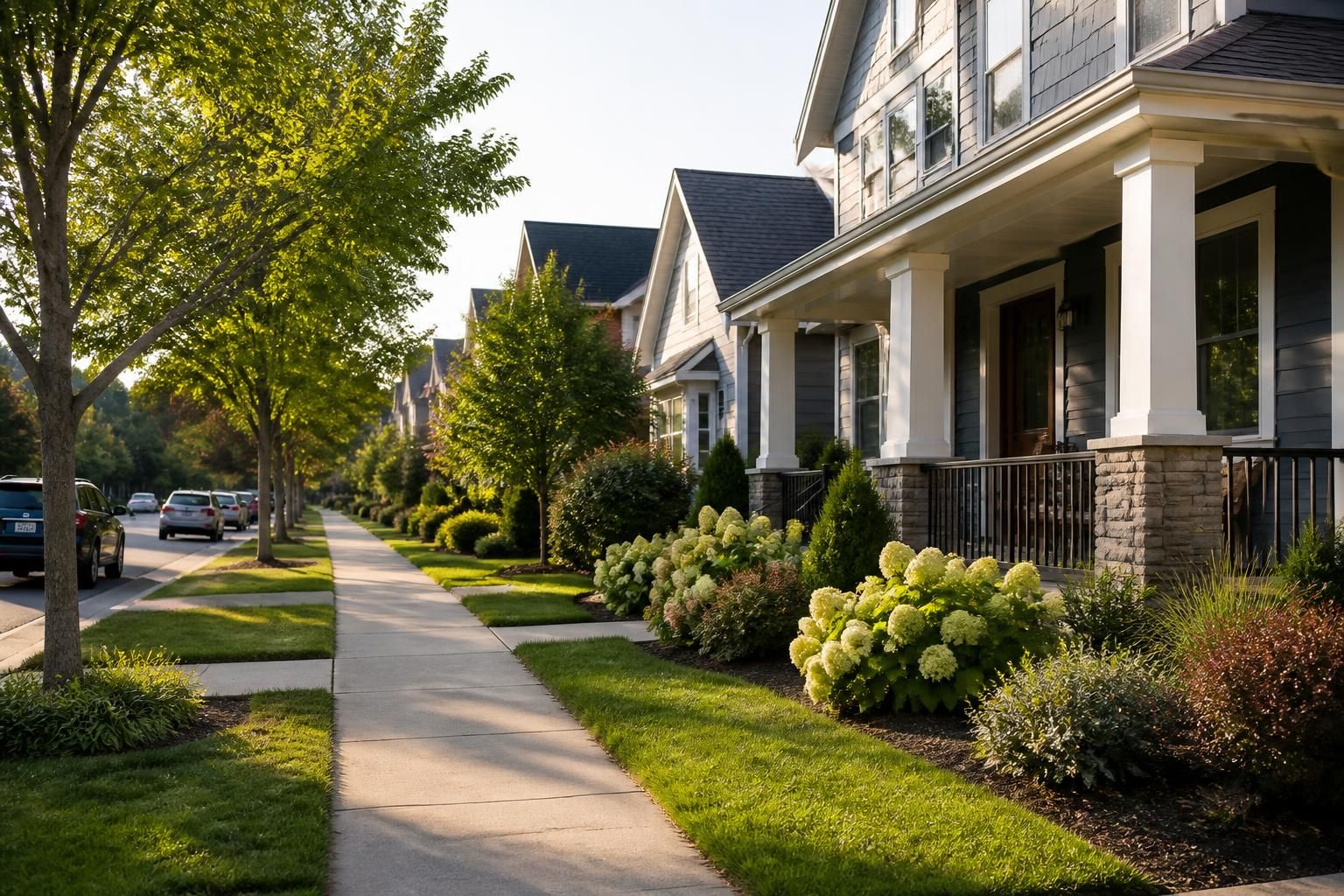 Garner neighborhood with clean sidewalks and modern homes.