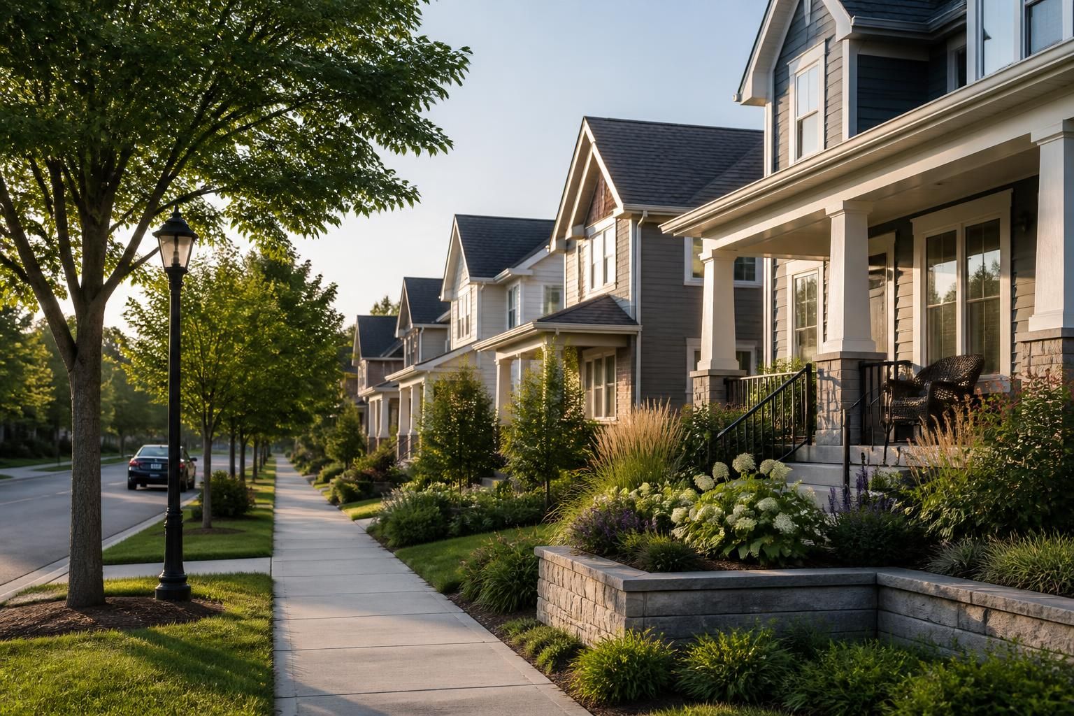 Contemporary Morrisville homes with a landscaped streetscape.