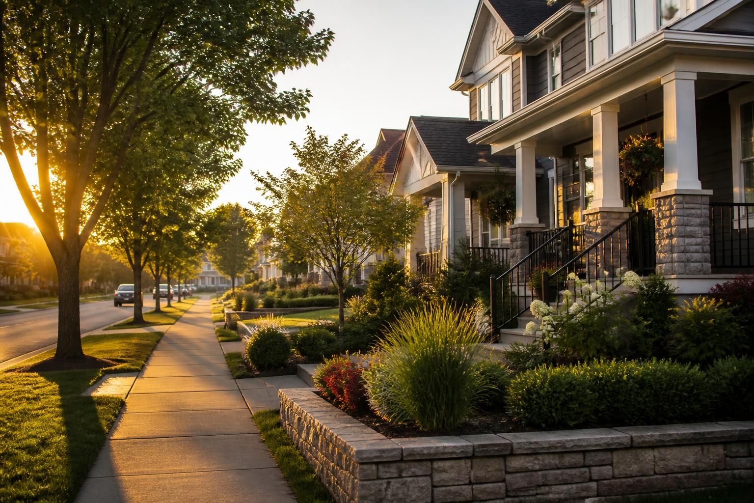 Tree-lined Raleigh neighborhood with modern homes at golden hour.